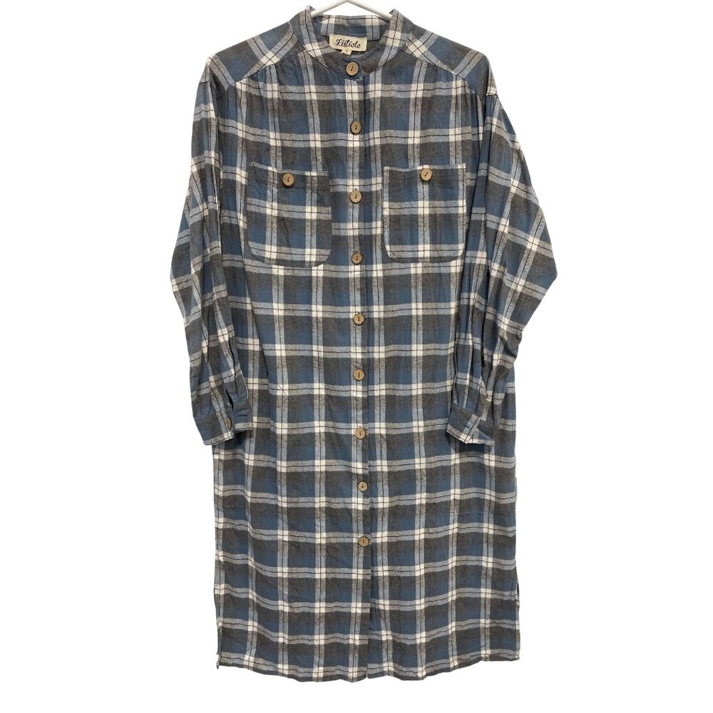 Listicle Shirt Dress Size Small Plaid Button Front Long Sleeve Blue Gray Preppy